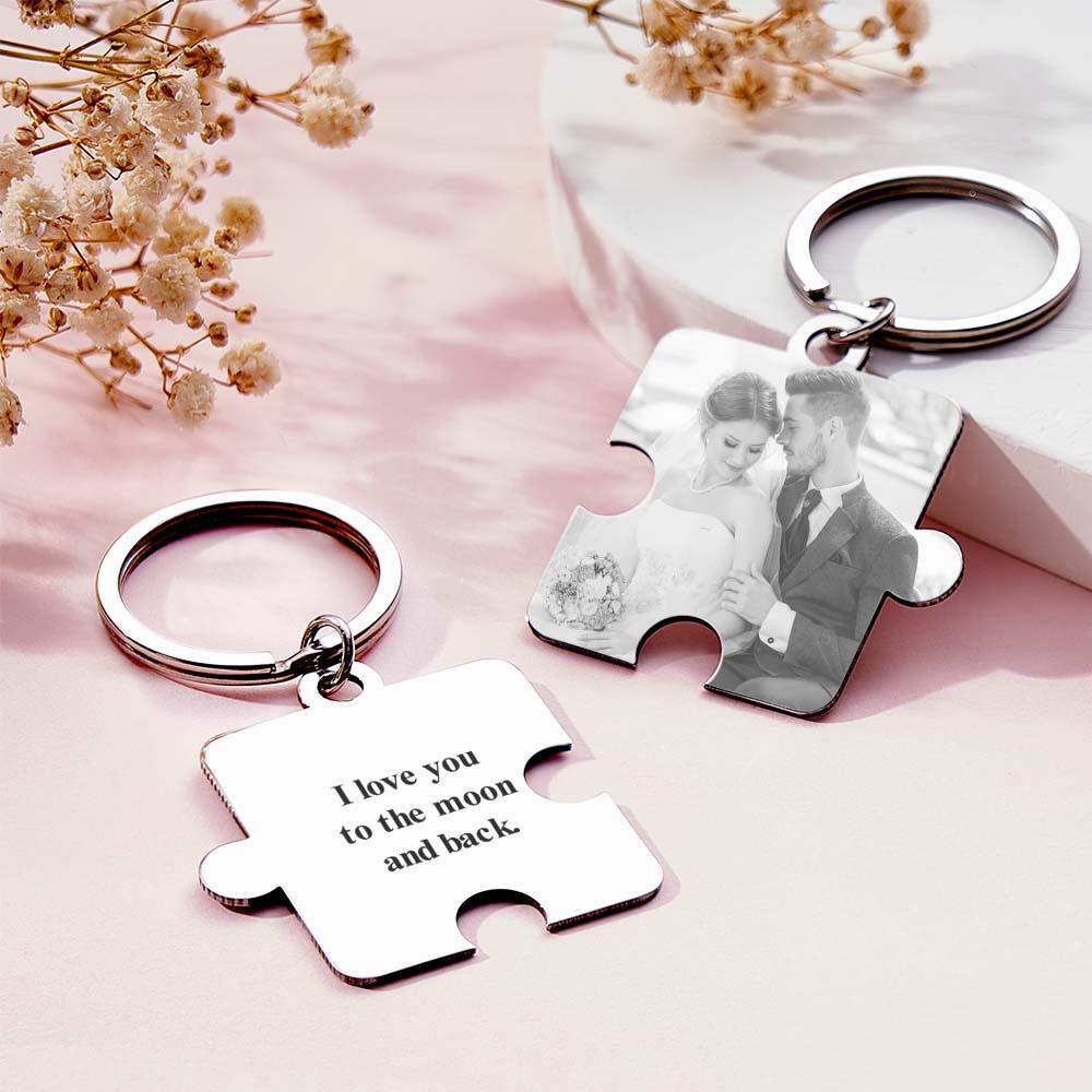 Personalized Jigsaw Puzzle Piece Custom Photo Keychain Couple Anniversary Long Distance Gift - auphotoblanket