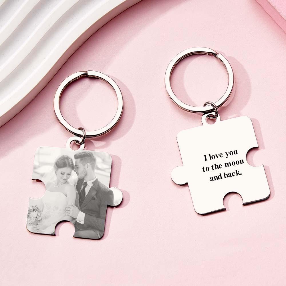 Personalized Jigsaw Puzzle Piece Custom Photo Keychain Couple Anniversary Long Distance Gift - auphotoblanket
