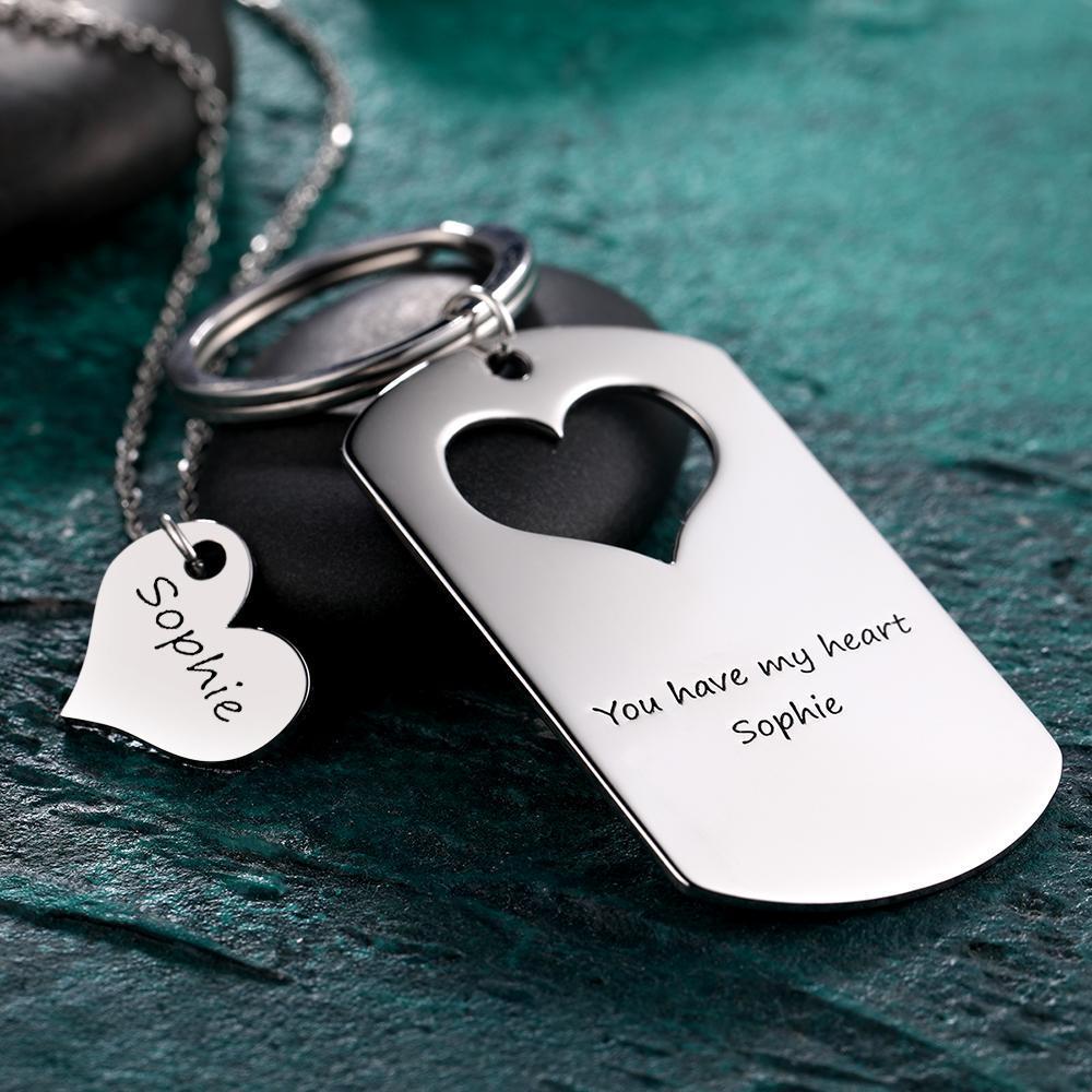 Custom Engraved Couple Keychain and Necklace Set - Heart Dog Tag