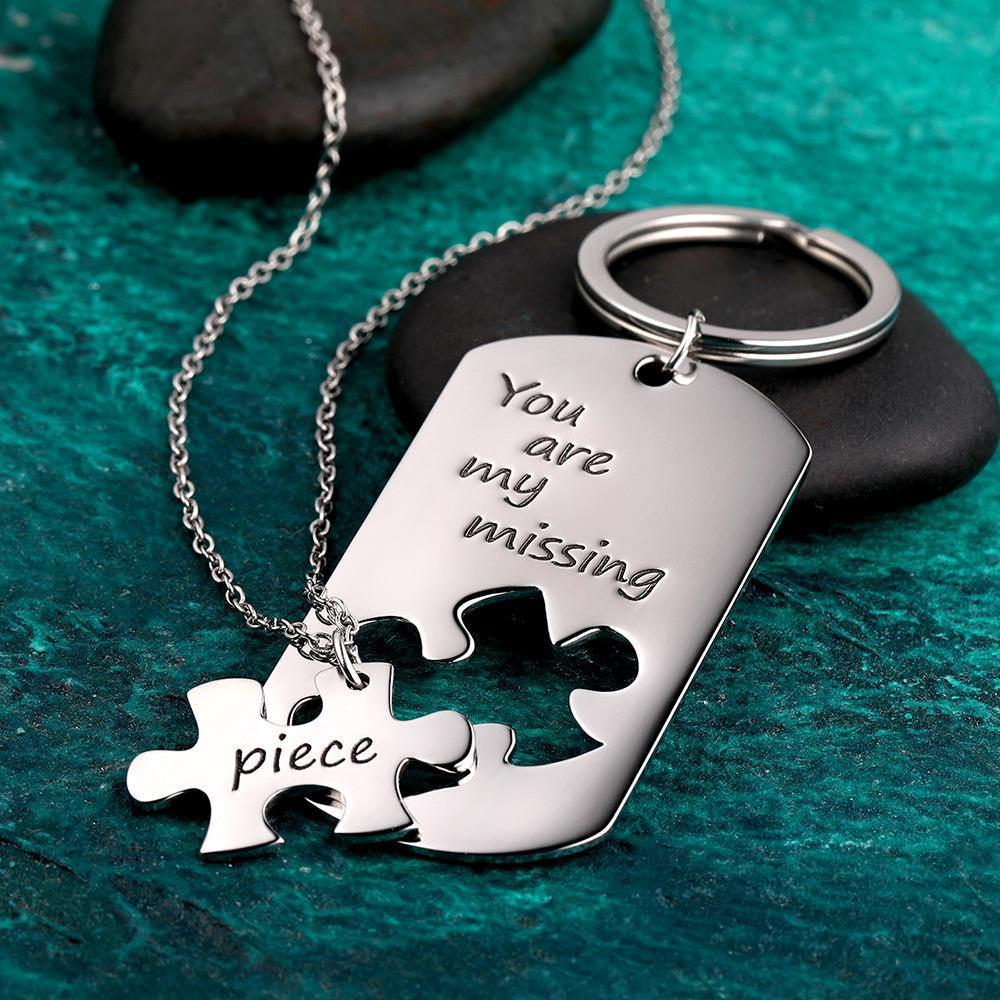 Custom Engraved Couple Keychain and Necklace Set - Puzzle Dog Tag