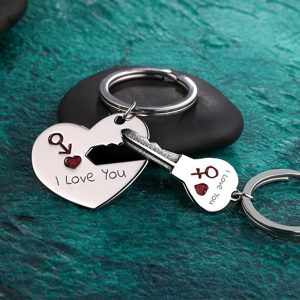 Custom Engraved Heart Lock and Key Couple Keychain Set