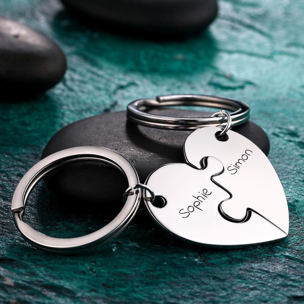 Custom Engraved Heart Keyring Puzzle Couple Keychain Set