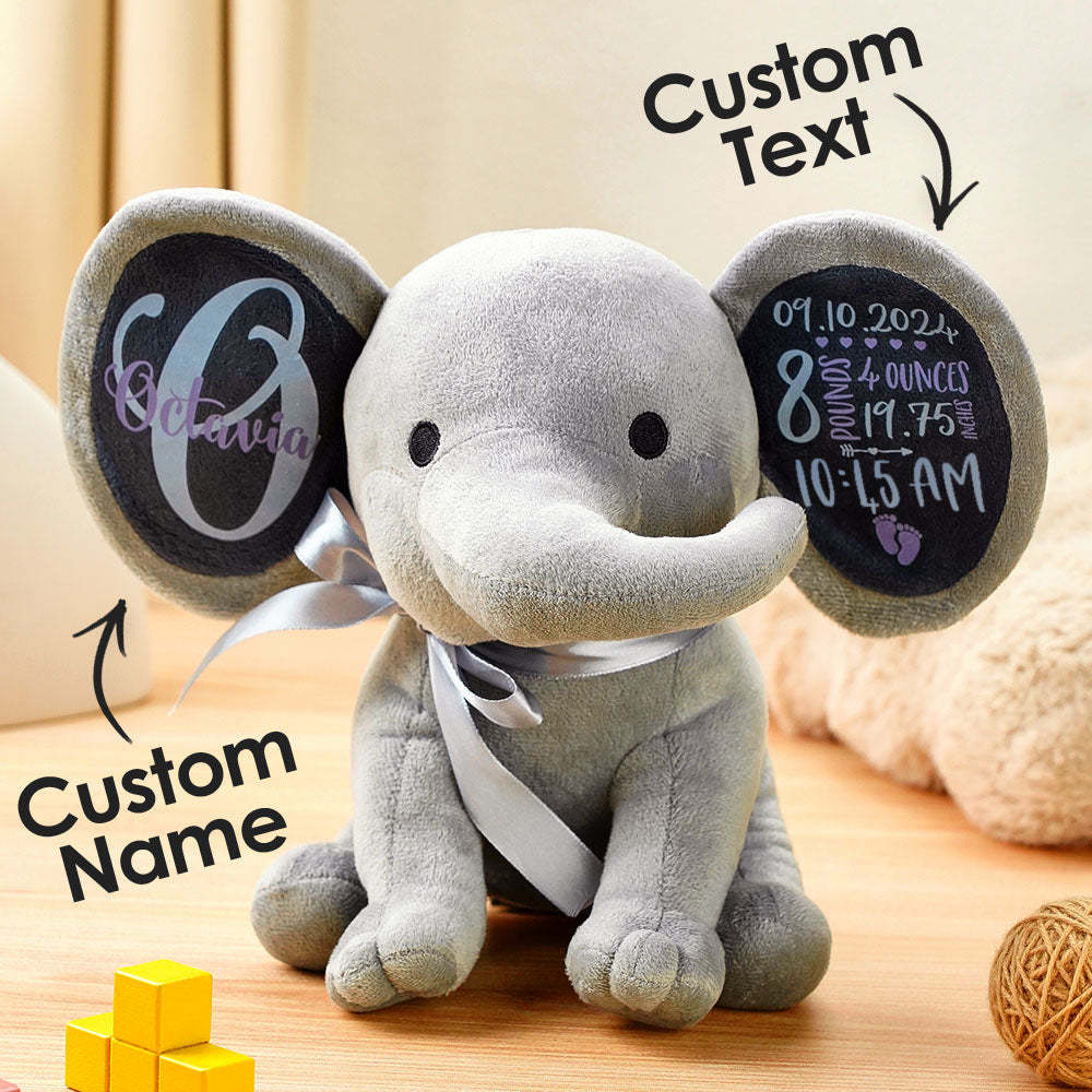 Personalized Elephant Plush Stuffed Animal Birth Announcement Gift for Baby - auphotoblanket
