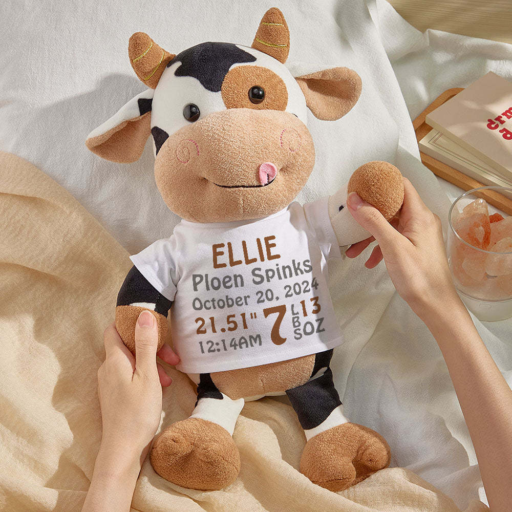 Personalized Cow Plush Stuffed Toy Birth Announcement Gift for Baby Shower - auphotoblanket