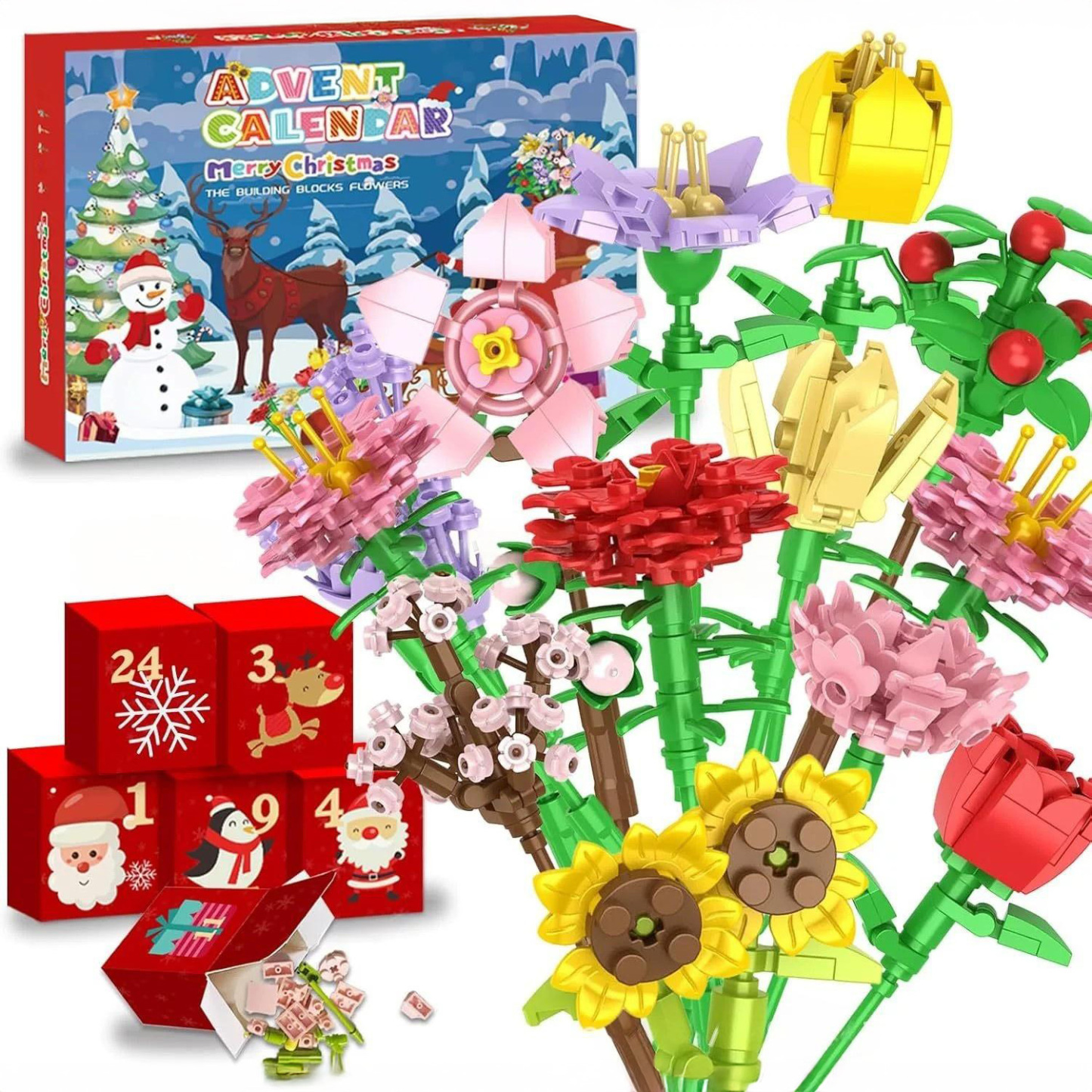 24 Days of Christmas Flower Bouquet Advent Calendar Building Blocks Christmas Countdown Blind Box - auphotoblanket