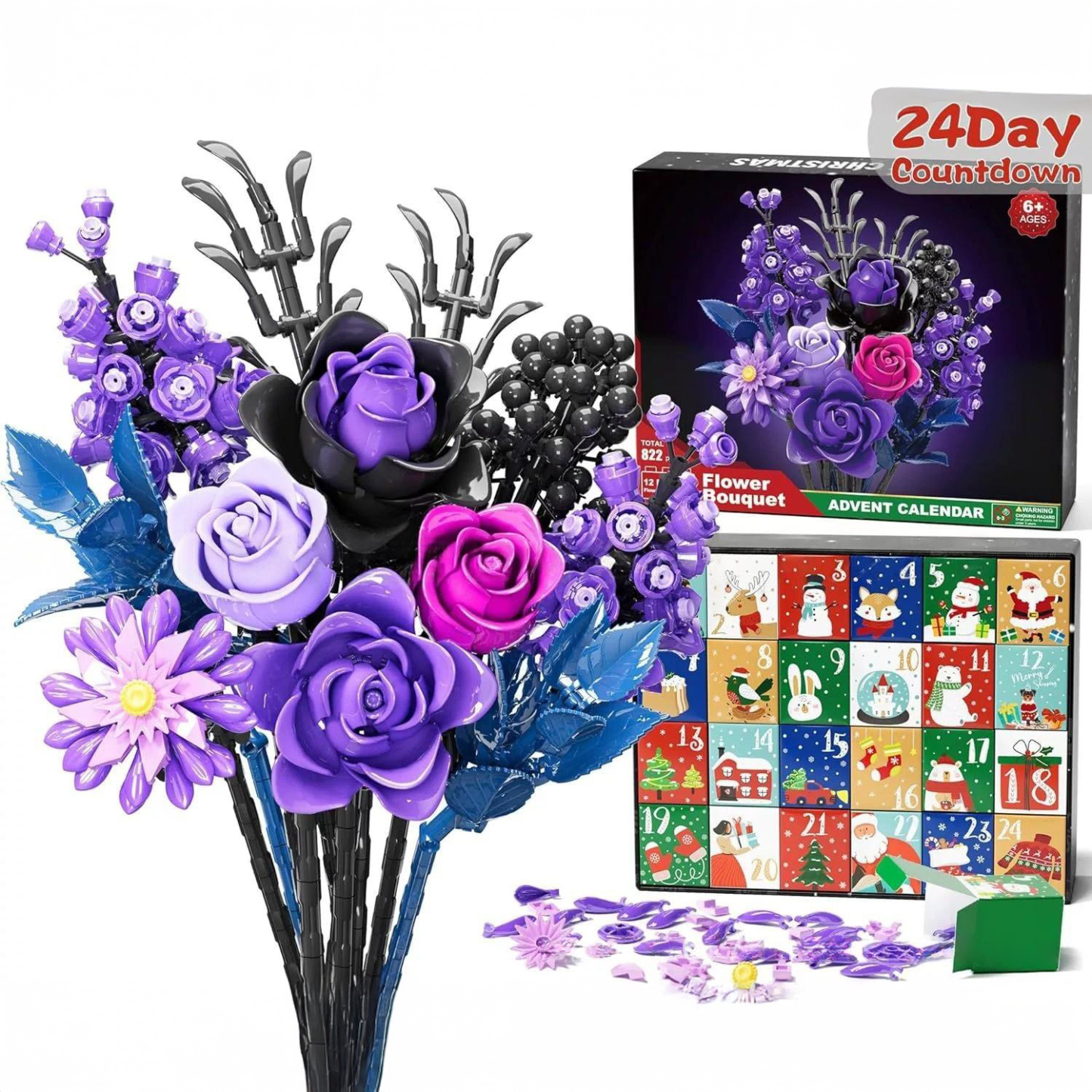 24 Days of Christmas Flower Bouquet Advent Calendar Building Blocks Christmas Countdown Blind Box - auphotoblanket