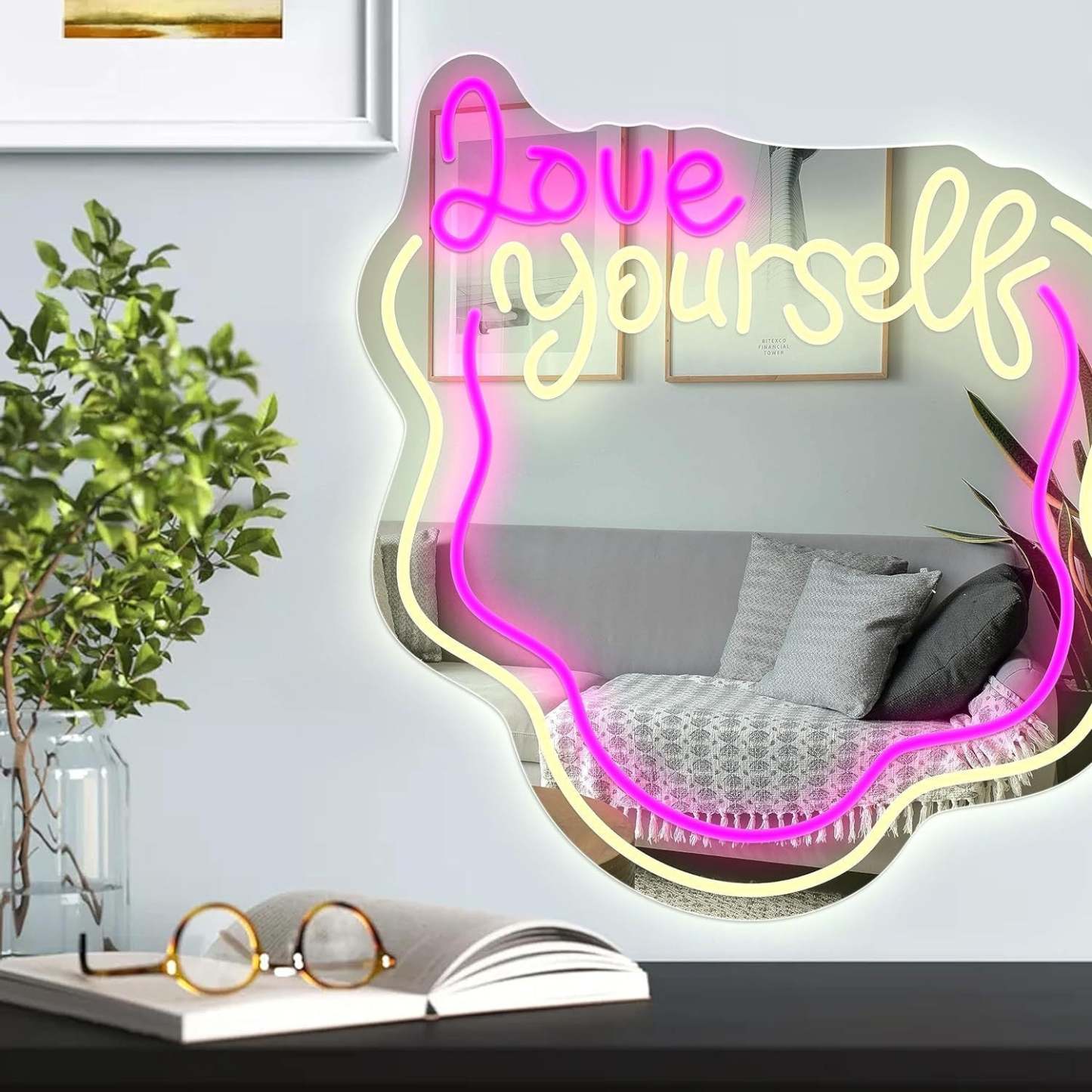 Valentine's Day Sale Love Yourself Mirror Light for Wall Wavy Neon Mirror LED Dimmable Light Gift for Her - auphotoblanket
