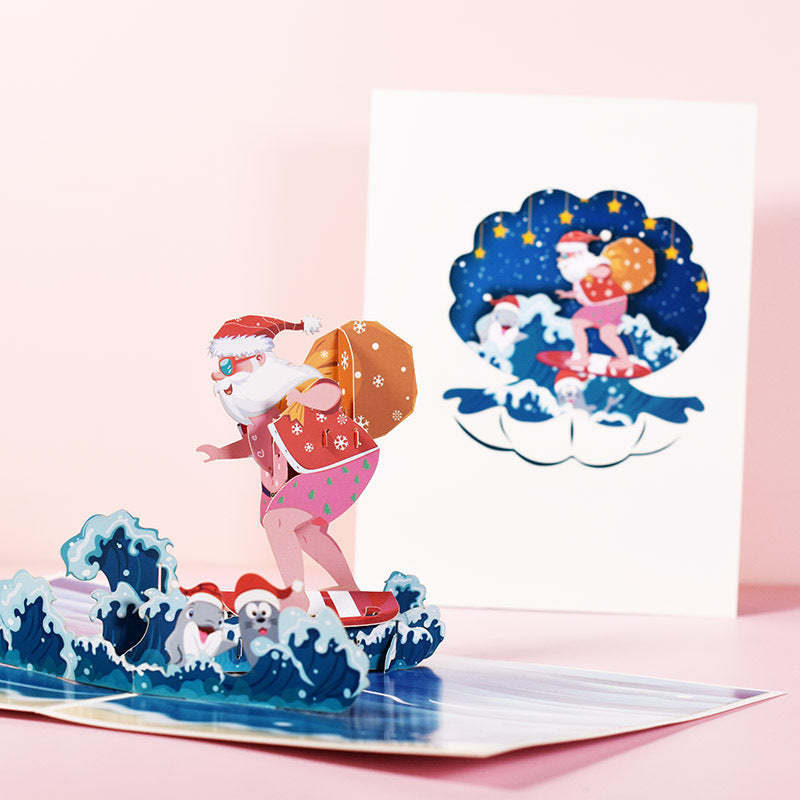 Surfing Santa 3D Pop-Up Card Greeting Card - auphotoblanket