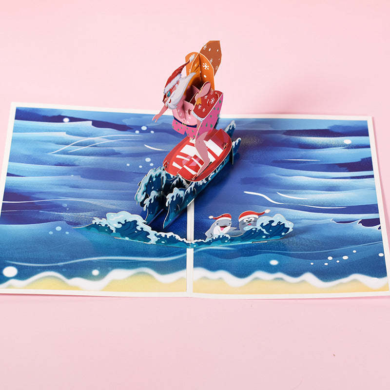 Surfing Santa 3D Pop-Up Card Greeting Card - auphotoblanket