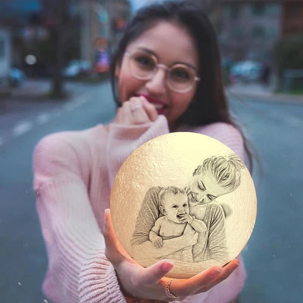 Personalised Creative 3D Print and Engraved Moon Lamp with Photo of Mother and Daughter - Touch Two Colors - auphotoblanket
