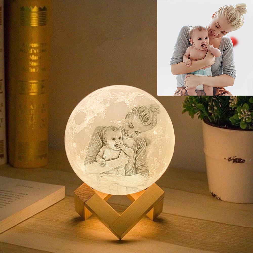 Personalised Creative 3D Print and Engraved Moon Lamp with Photo of Mother and Daughter - Touch Two Colors - auphotoblanket