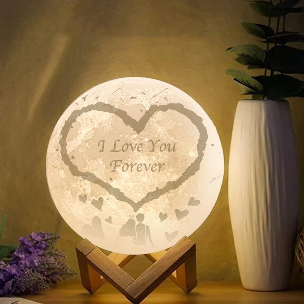 Engraved Heart Moon Lamp, Personalised 3D Moon Lamp Keepsake Gifts - Touch Two Colors 15cm-20cm Available
