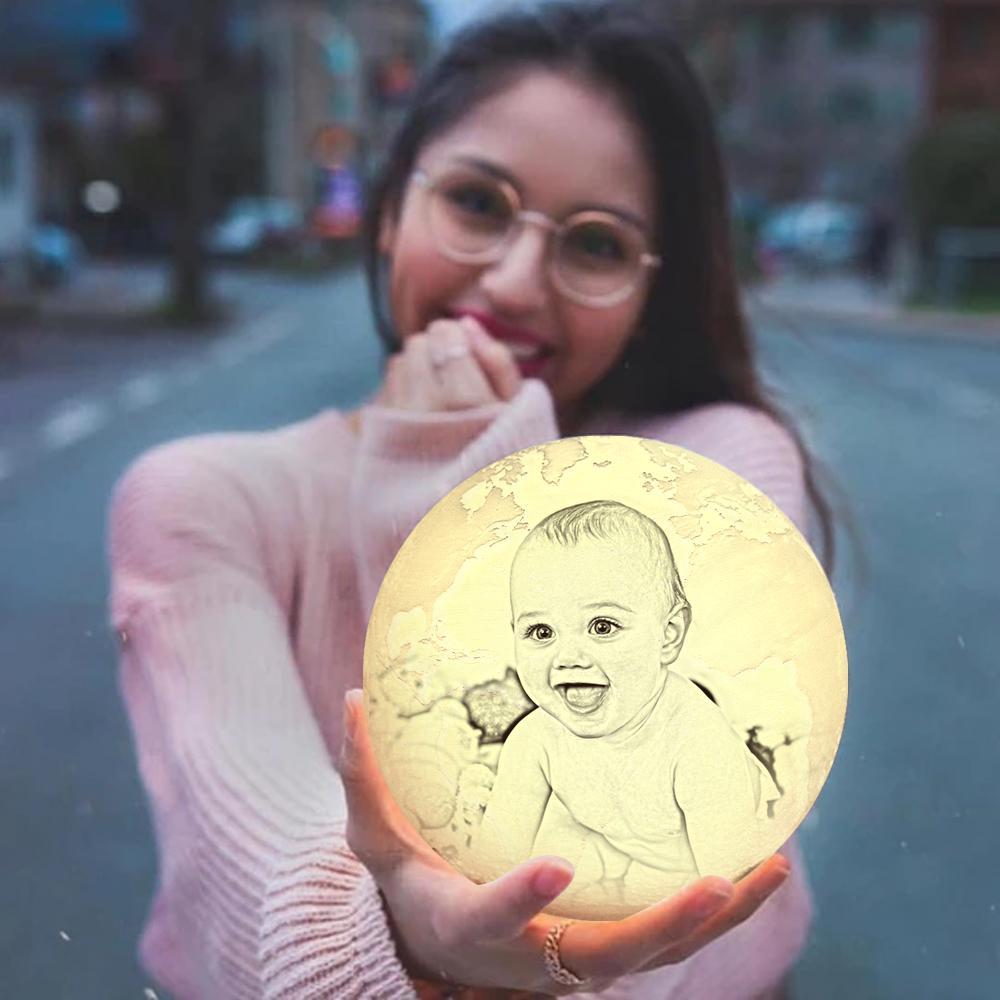 Magic Lunar Customized Earth Lamp With Text, Engraved Photo Lamp For Baby - Touch Two Colors (10-15cm) - auphotoblanket