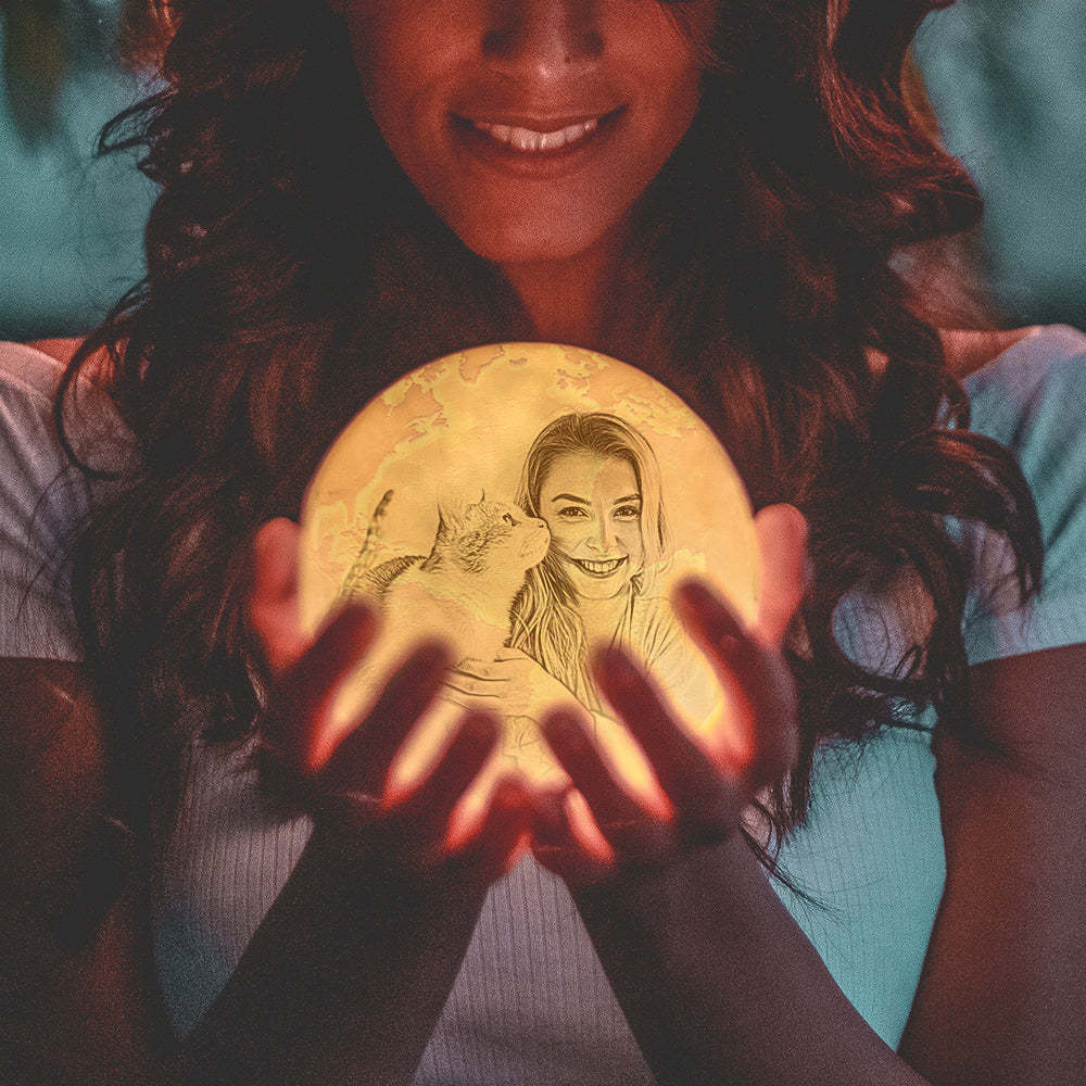 Magic Lunar Customized Pet Earth Lamp With Text, Engraved Lovely Cat Photo Lamp - Touch Two Colors (10-15cm) - auphotoblanket