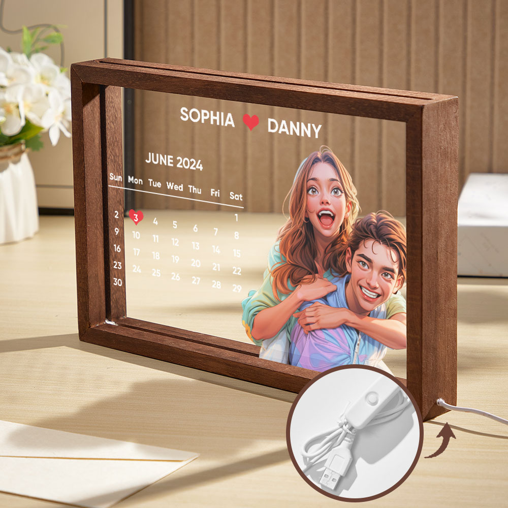 Custom Photo to Comic Night Light | Personalised Calendar & Engraved Message - Gift for Her On Anniversary - auphotoblanket