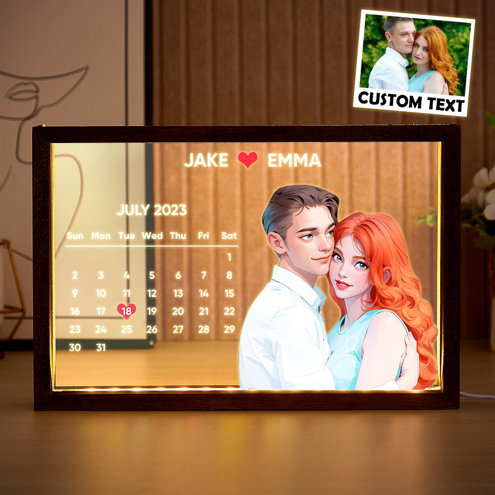 Custom Photo to Comic Night Light | Personalised Calendar & Engraved Message - Gift for Her On Anniversary - auphotoblanket