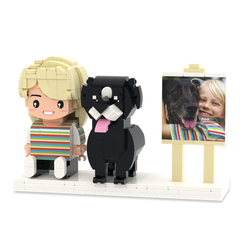 Personalized Full Body 2 People with Dog Brick Figures Custom Sitting Brick Figures - auphotoblanket