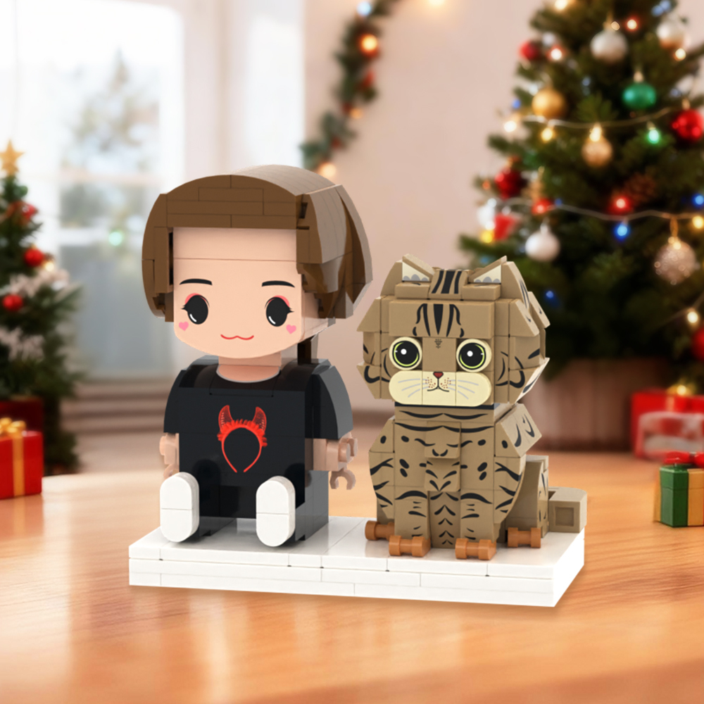 Personalized Full Body 2 People with Dog Brick Figures Custom Sitting Brick Figures - auphotoblanket