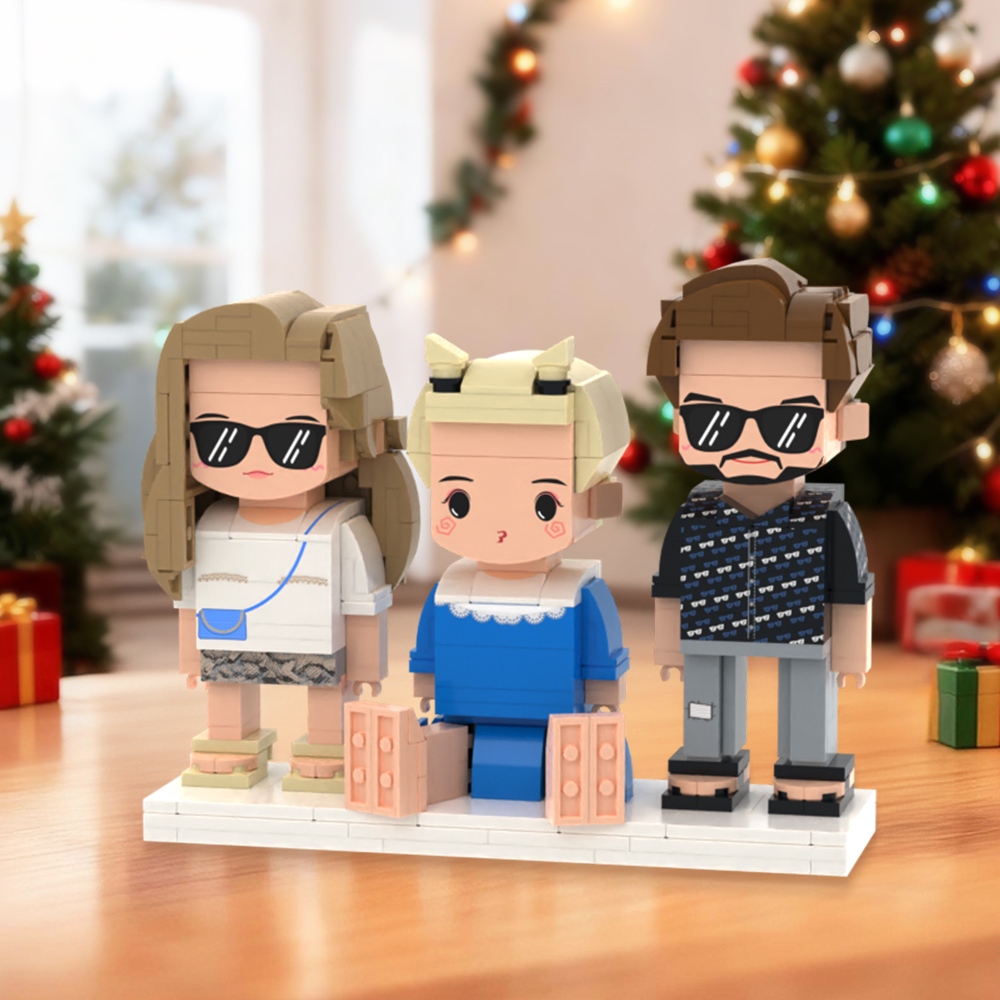 Personalized Full Body 2 People with Dog Brick Figures Custom Sitting Brick Figures - auphotoblanket