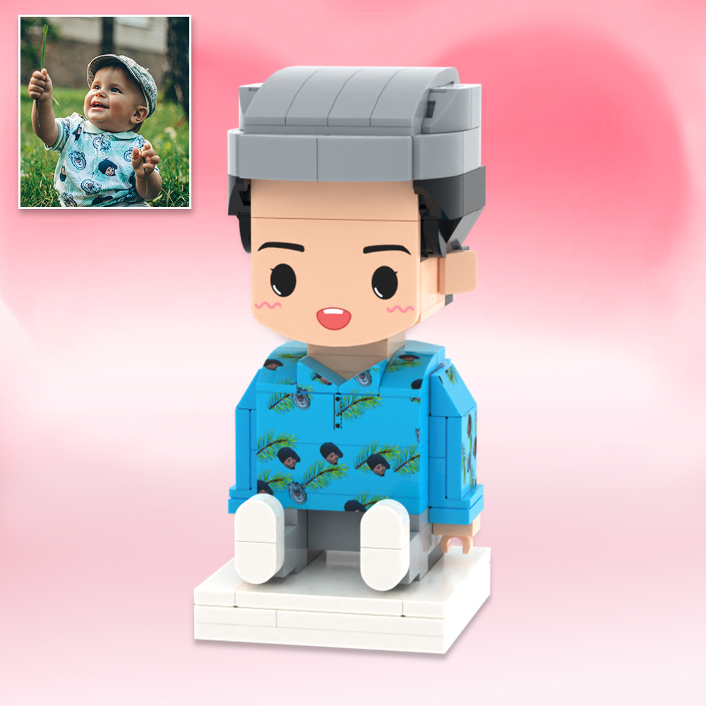 Personalized Full Body 2 People with Dog Brick Figures Custom Sitting Brick Figures - auphotoblanket
