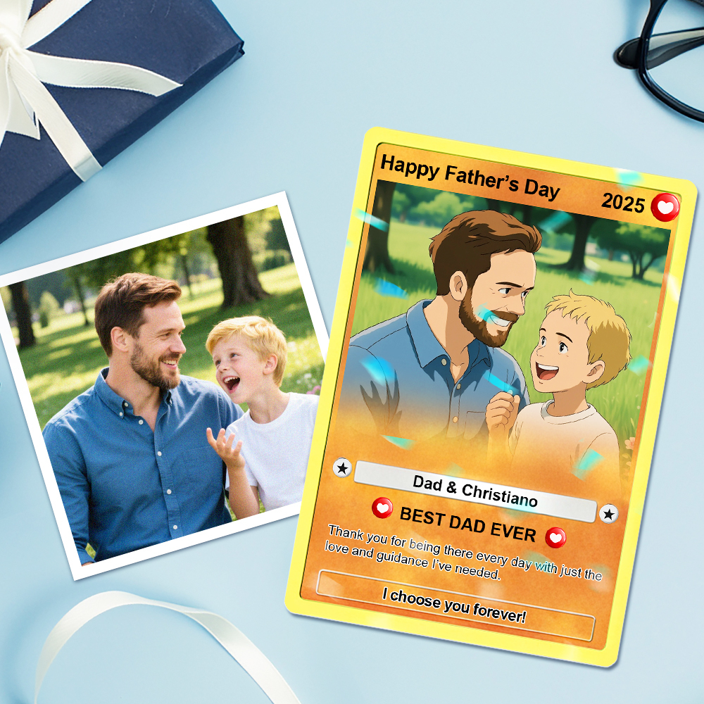 Personalized Father's Day Gift For Dad, Fathers Day Anime Card, Custom Photo Trading Anime Card, Gamer Dad Gift From Kids, Gift For Husband - auphotoblanket