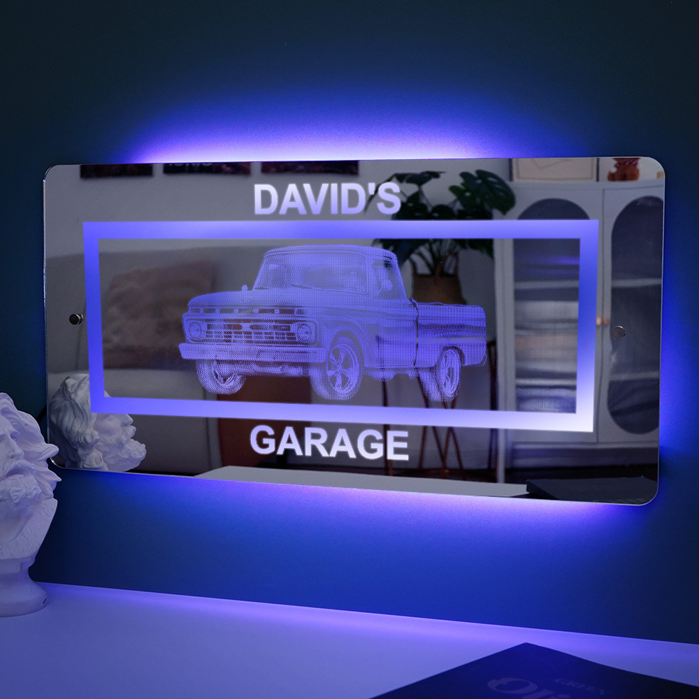 Personalized Car Photo Mirror Light Garage Sign Decor Custom Name Car Picture Garage Wall Art  Father's Day Gift for Dad, Grandpa, Husband, Car Lover - auphotoblanket
