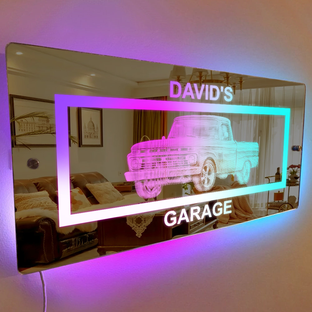 Personalized Car Photo Mirror Light Garage Sign Decor Custom Name Car Picture Garage Wall Art  Father's Day Gift for Dad, Grandpa, Husband, Car Lover - auphotoblanket