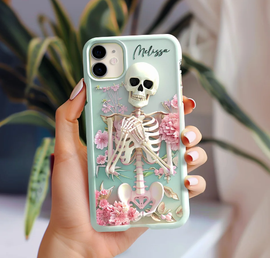 Personalized Name Pink Floral Skull Phone Case, Embroidered Look Floral Charm Phone Cover, Halloween Cottagecore, iPhone, Pixel, Samsung