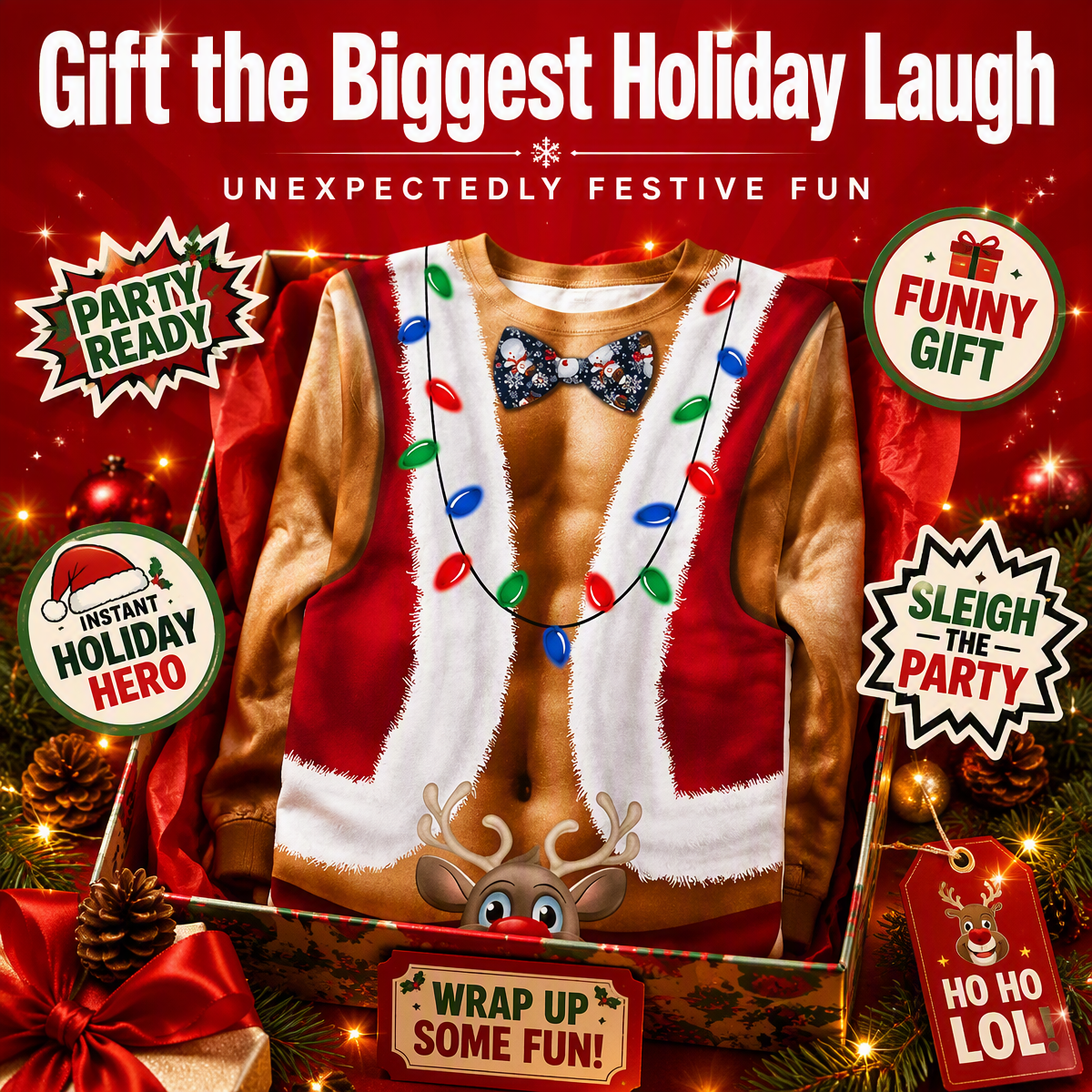 Funny Ripped Santa Muscle Abs Ugly Christmas Sweater – 3D Printed Christmas Lights & Reindeer Bowtie Sweatshirt, Novelty Holiday Party Outfit - auphotoblanket