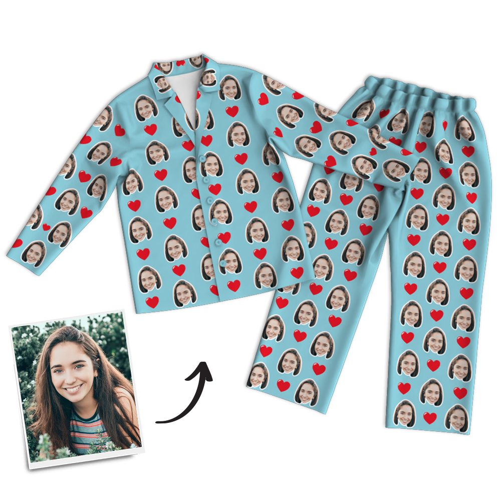 Custom Photo Long Sleeve Pajamas, Sleepwear, Nightwear - Heart - auphotoblanket