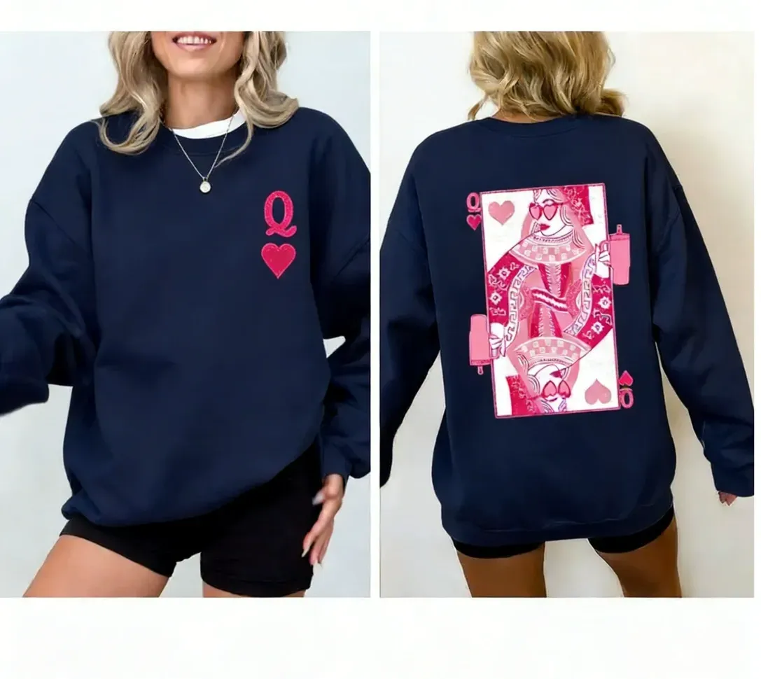 Queen of Hearts Sweatshirt Crew Neck Sweatshirt Women's Casual Long Sleeve Gift For Her - auphotoblanket