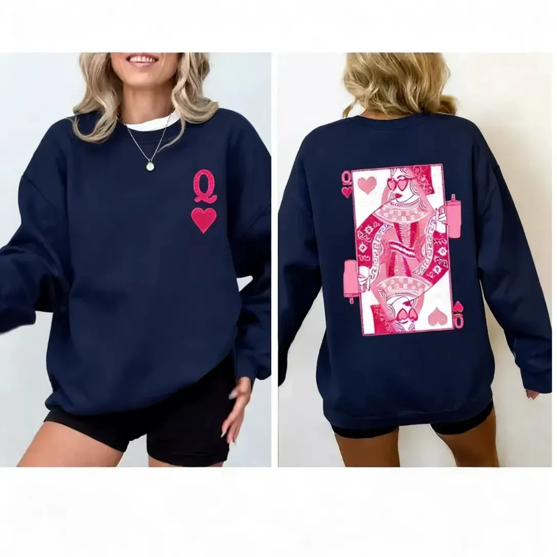 Queen of Hearts Sweatshirt Crew Neck Sweatshirt Women's Casual Long Sleeve Gift For Her - auphotoblanket