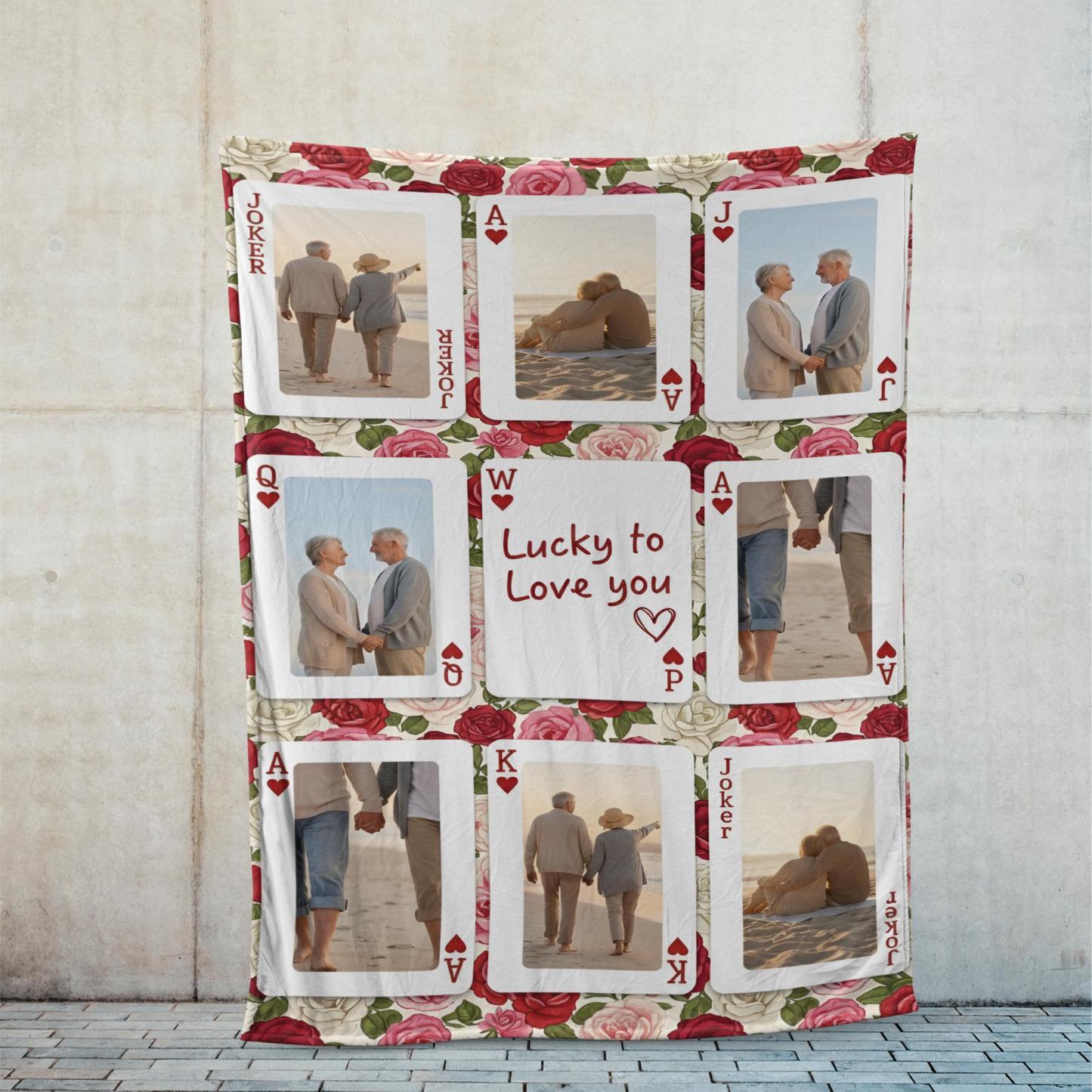 Personalized Playing Cards Fleece Blanket: Custom Photo Red Rose Valentine's Day Anniversary Gift - auphotoblanket