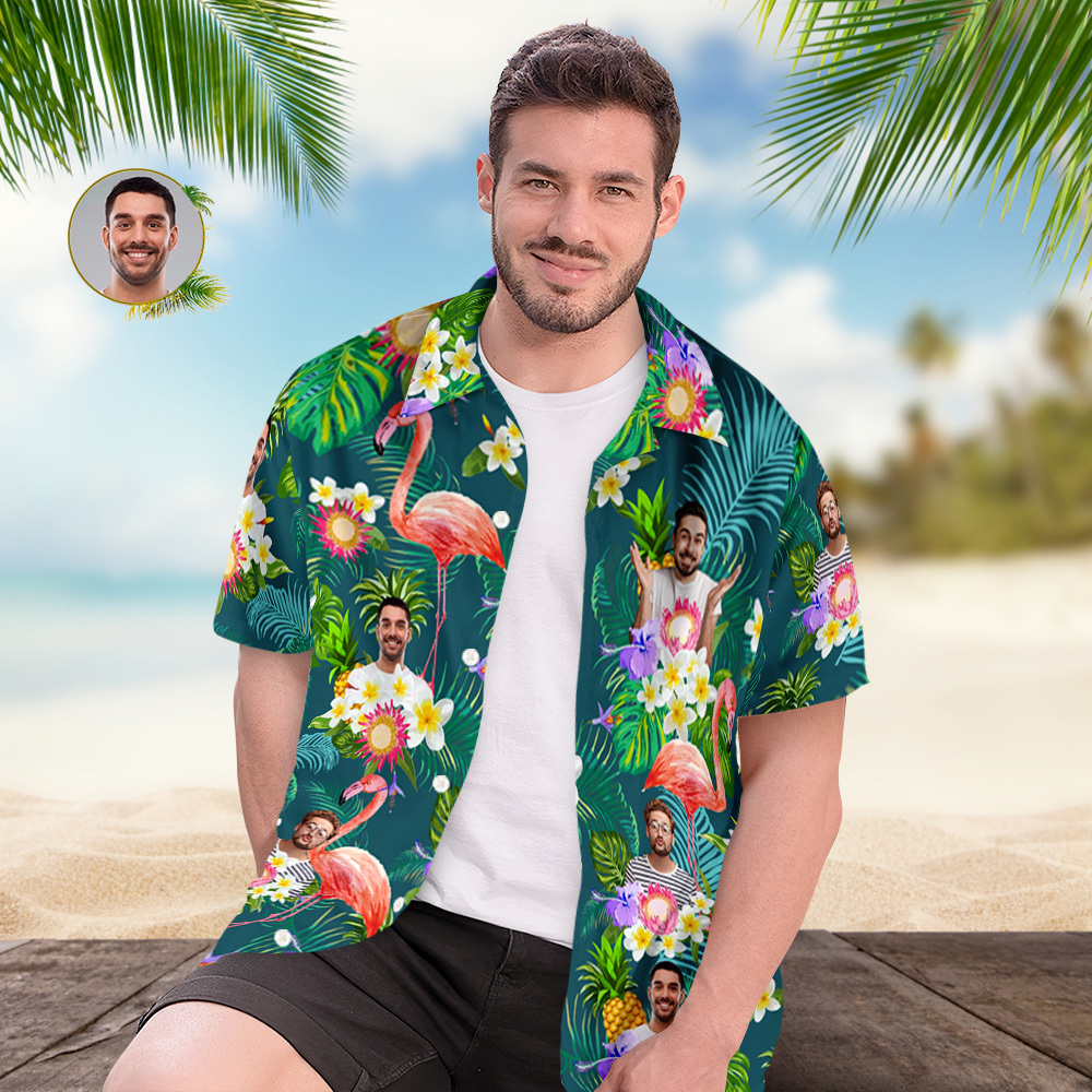 Custom Photo Funny Human Aloha Hawaii Shirt Sunflower Flamingo Shirt - auphotoblanket