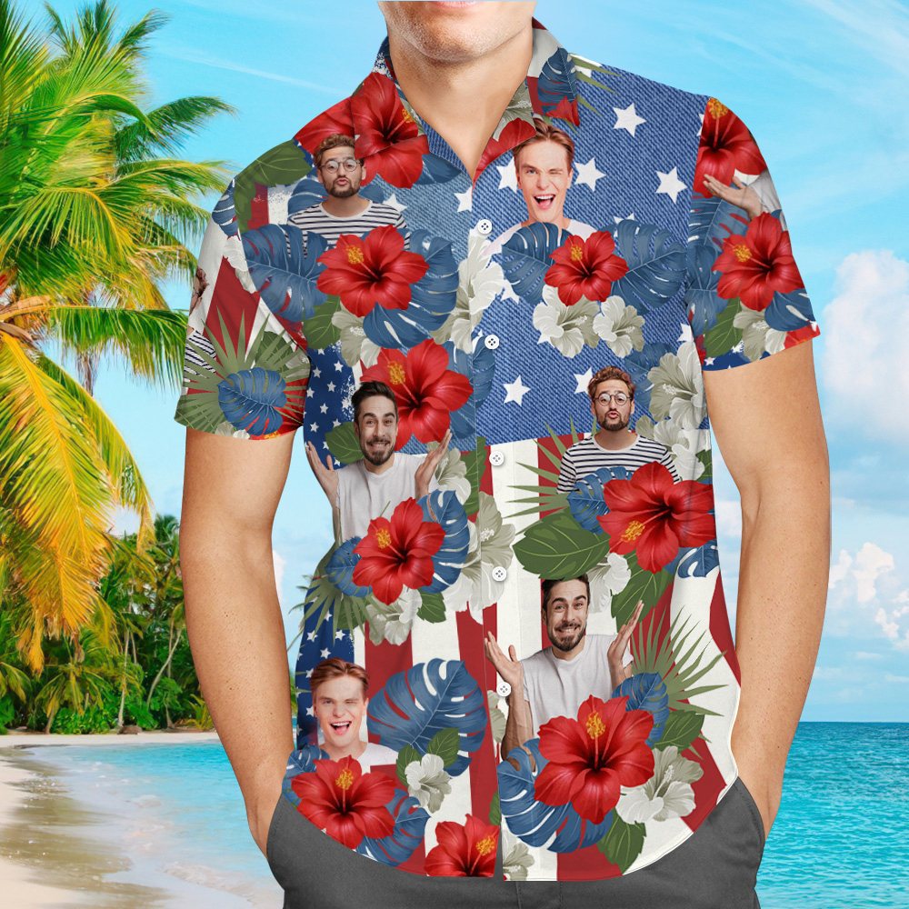 Custom Photo American Flag Hawaiian Shirt Tropical Independence Day Gift Shirt - auphotoblanket