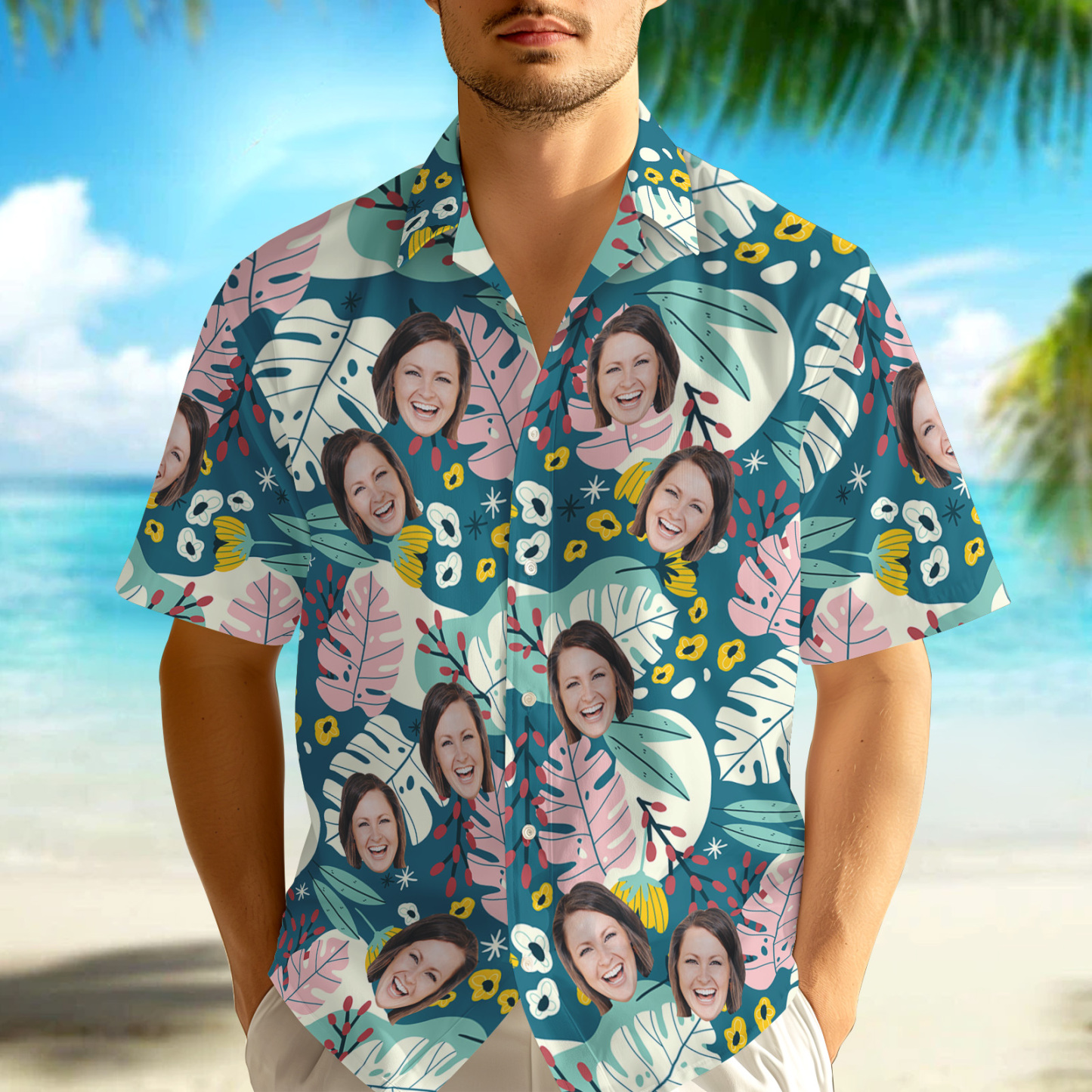 Custom Face Pink Flower Hawaiian Shirt Personalized Pink Flamingo Pattern Hawaiian Shirt Gift For Him - auphotoblanket