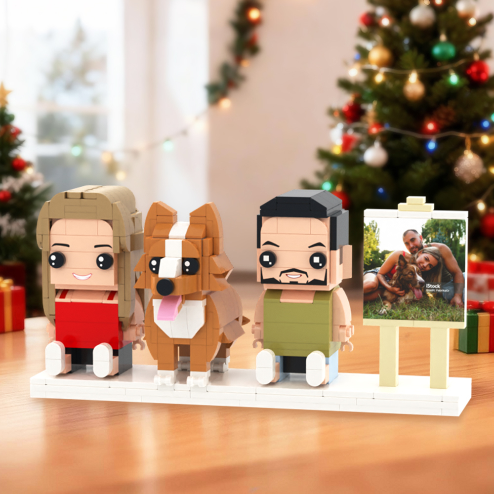 Personalized Full Body 2 People with Dog Brick Figures Custom Sitting Brick Figures - auphotoblanket