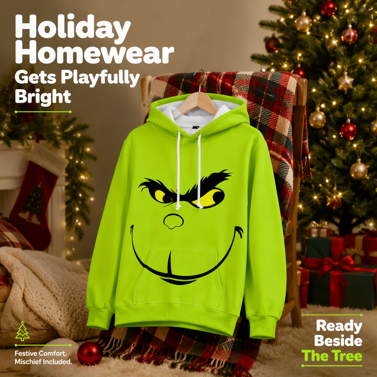 Funny Green Monster Face Hoodie – Graphic Smirk & Grumpy Face Printed Christmas Pullover Sweatshirt, Festive Holiday Cosplay Apparel - auphotoblanket