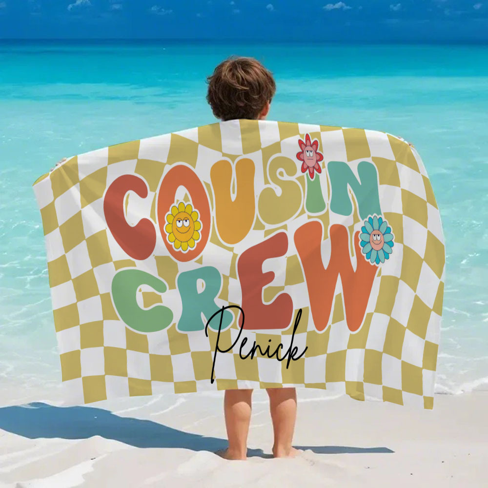 Personalised Cousin Crew Plaid Design Oversized Quick Dry Beach Towel with Name Birthday Summer Vacation Accessory Gift for Kids - auphotoblanket