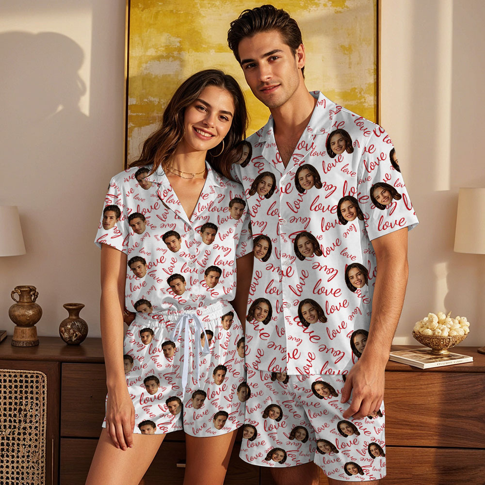 Custom Face Short Sleeve Pajamas Personalized Couple Pajama Heart Sleepwear - auphotoblanket