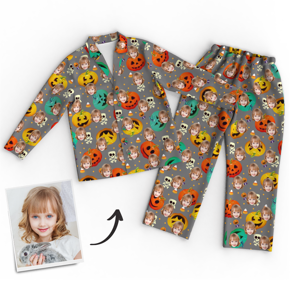 Custom Face Pumpkin Skeleton Pajamas Halloween For Children - auphotoblanket
