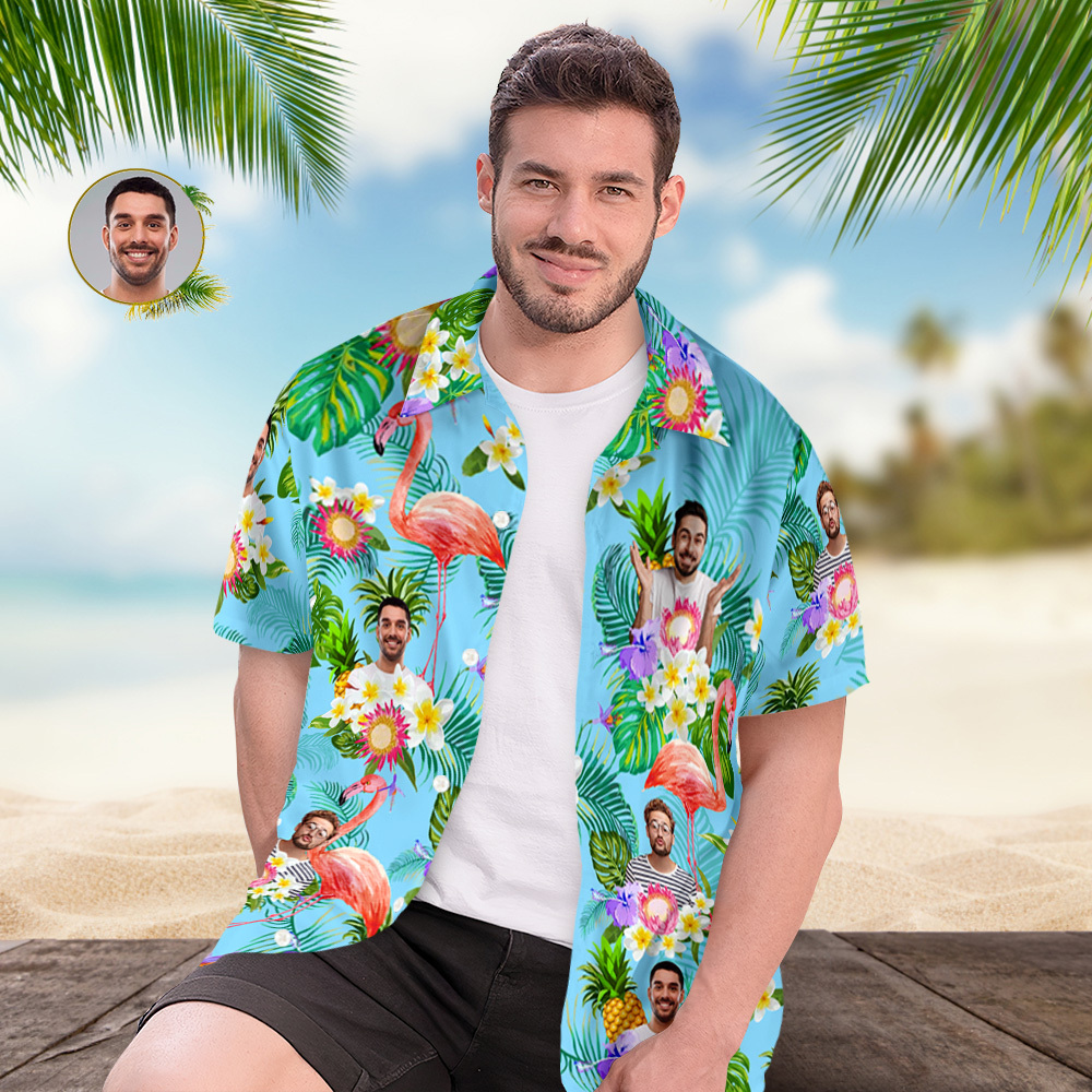 Custom Photo Funny Human Aloha Hawaii Shirt Sunflower Flamingo Shirt - auphotoblanket