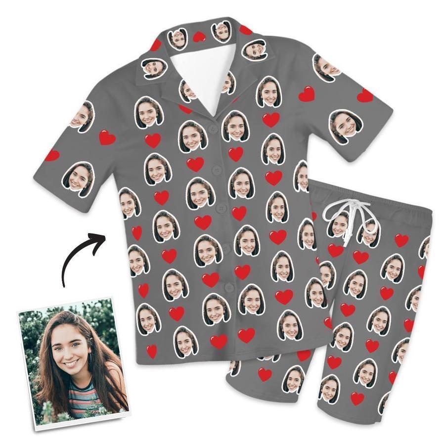 Custom Face Short Sleeved Pajamas With Hearts - Unique Pajamas Gifts For Mom - auphotoblanket