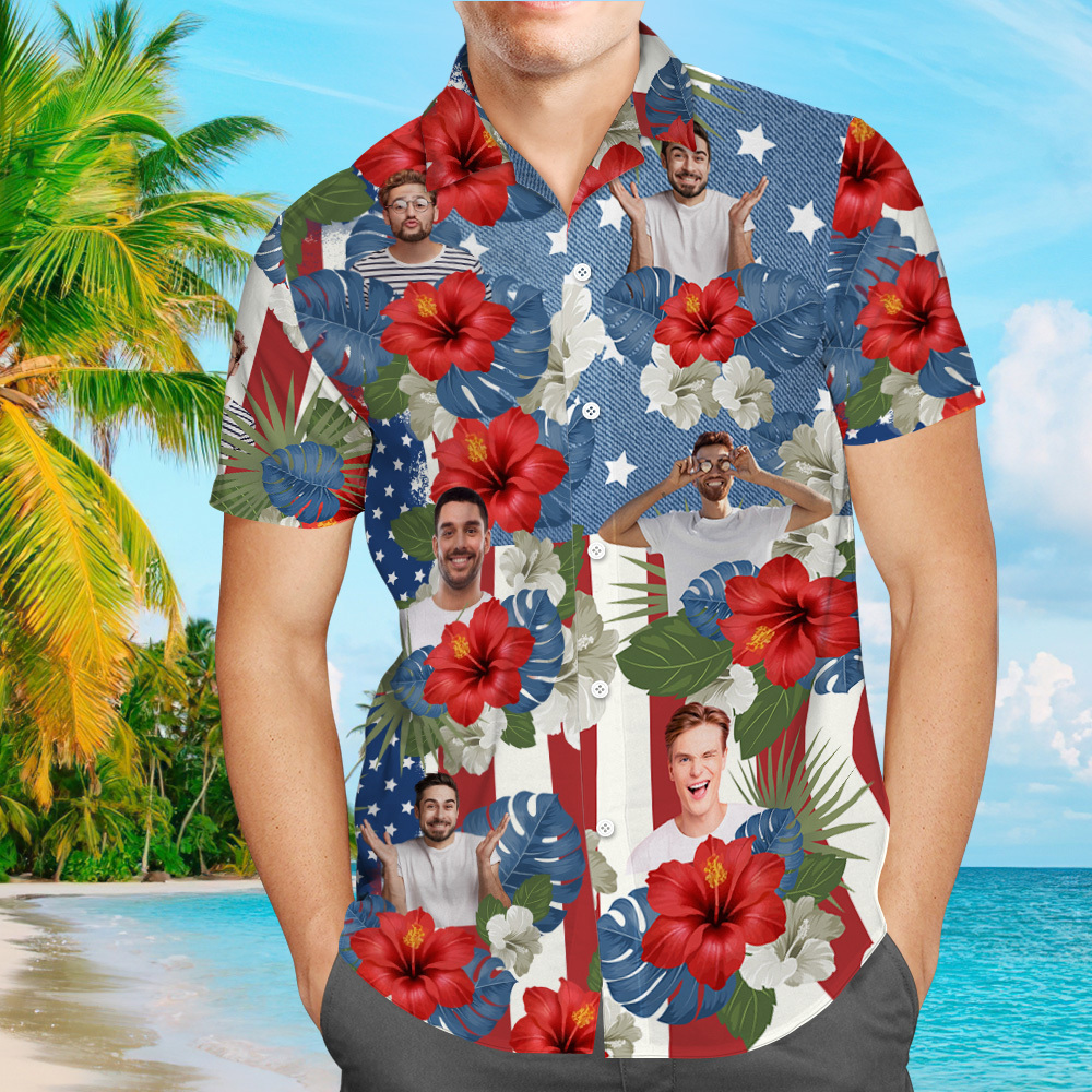 Custom Photo American Flag Hawaiian Shirt Tropical Independence Day Gift Shirt - auphotoblanket