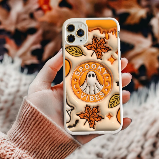 Spooky Vibes Ghost Phone Case with Autumn Leaves and Spooky Sign Design, iPhone, Pixel, Samsung