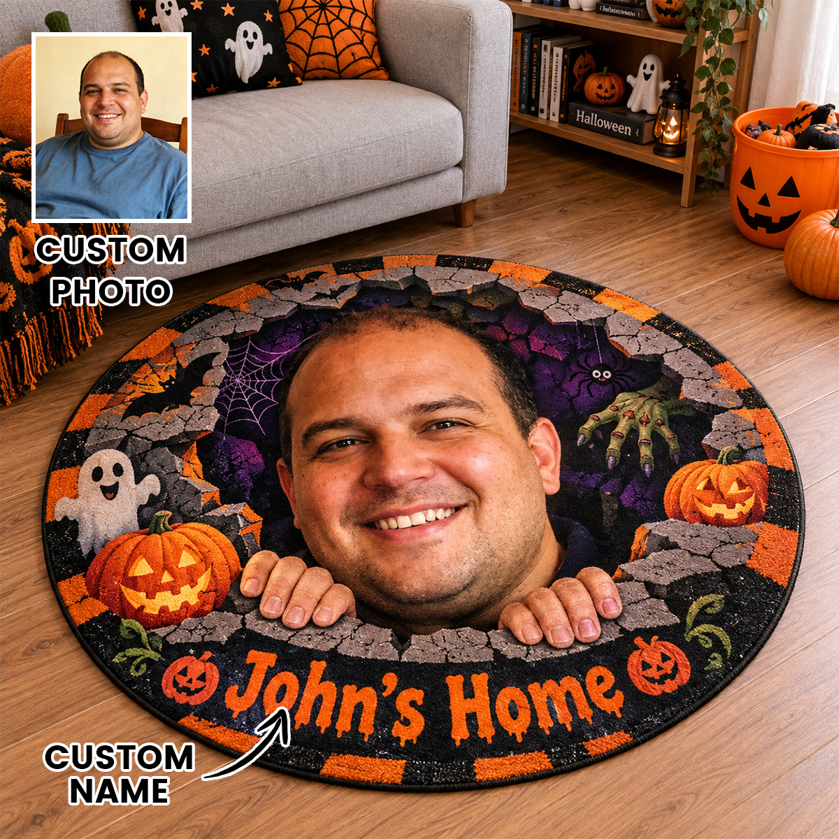 Halloween Round Rug – Spooky Area Rug with Pumpkin, Ghost & Skeleton Designs, Indoor Halloween Home Decor - auphotoblanket