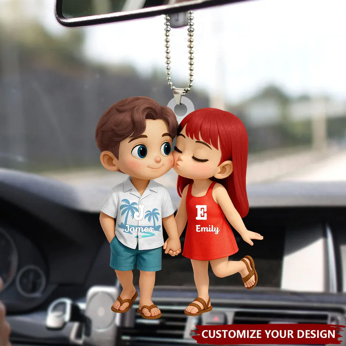 Personalized Acrylic Car Hanger - Cute Couple Kissing Moment - Custom Name Gift for Boyfriend & Girlfriend - auphotoblanket