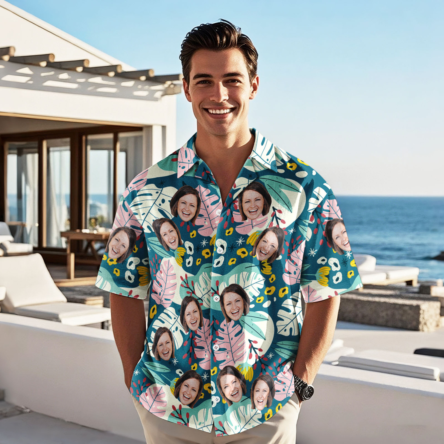 Custom Face Hawaiian Shirt All Over Print Vacation Tropical Pattern Shirt For Men Personalized Hawaiian Shirt With Logo/Text Gift For Lover - auphotoblanket