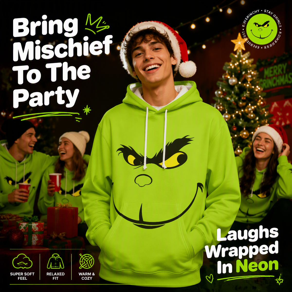 Funny Green Monster Face Hoodie – Graphic Smirk & Grumpy Face Printed Christmas Pullover Sweatshirt, Festive Holiday Cosplay Apparel - auphotoblanket