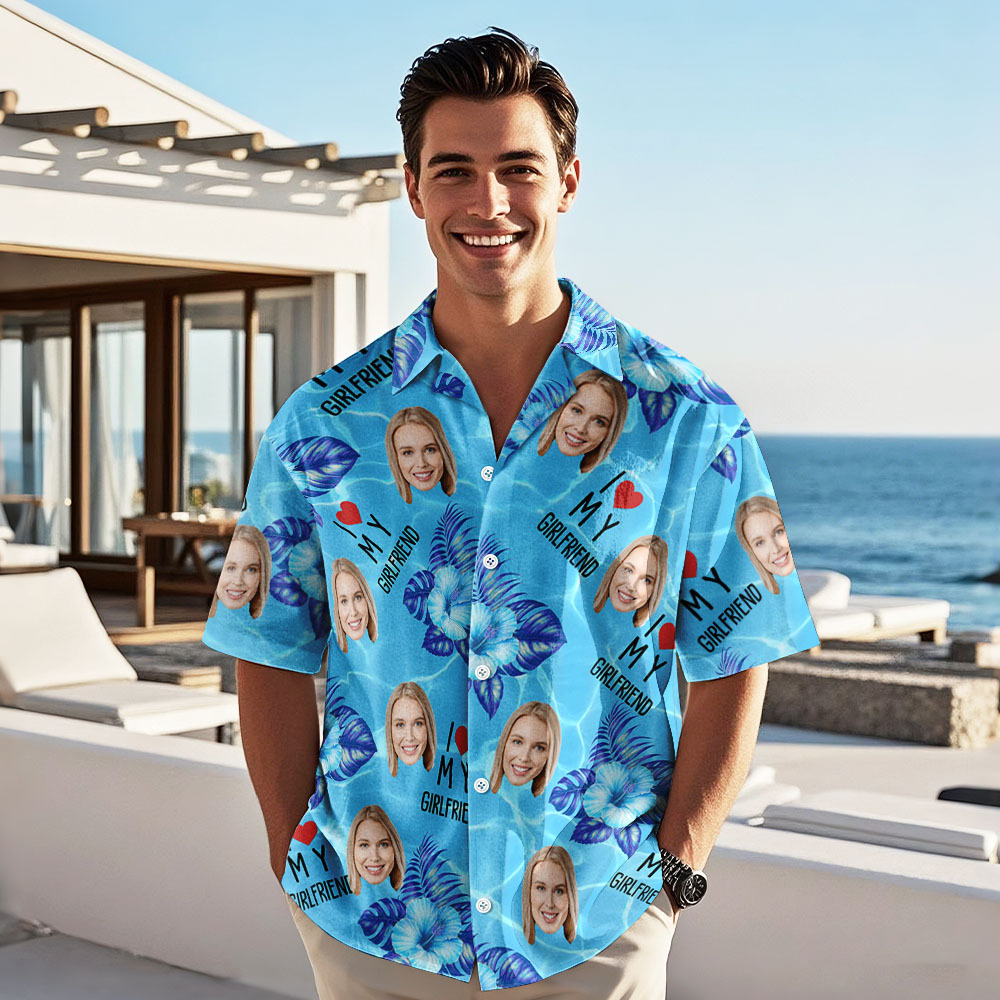 Personalized Face Hawaiian Shirt Summer Vacation Couple Face Hawaiian Shirt I Love My Wife Light Blue Flower Hawaiian Shirt - auphotoblanket